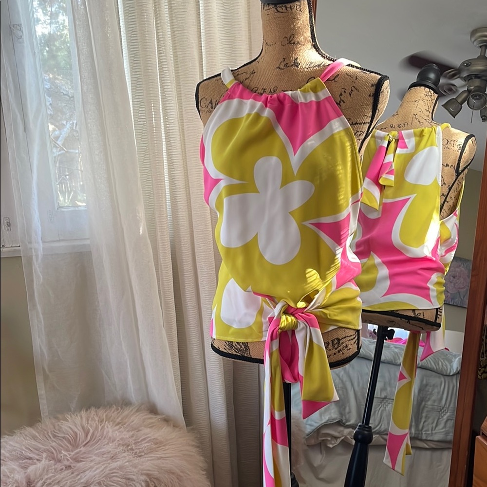 Trina Turk Floral Halter Top - Pink, Yellow, and White